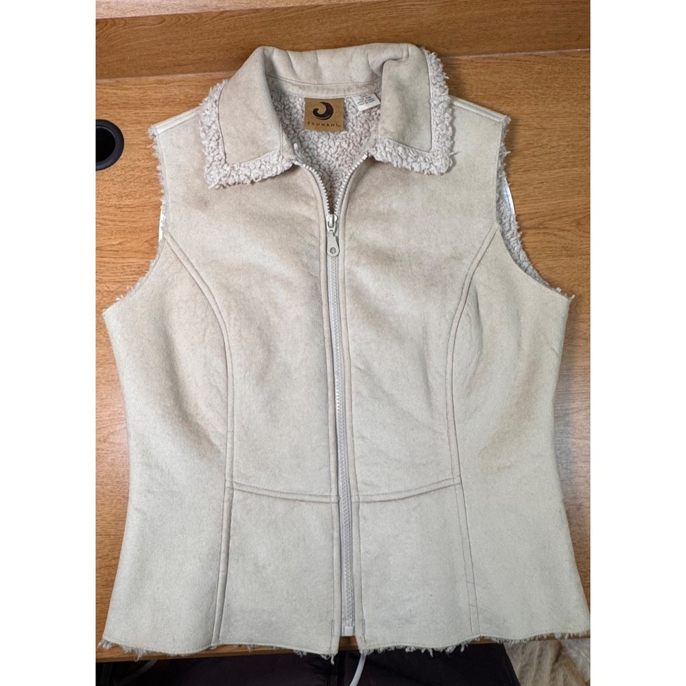Women's Sherpa Lined Faux Suede Vest Beige‎ Zip Sleeveless Small Tsunami